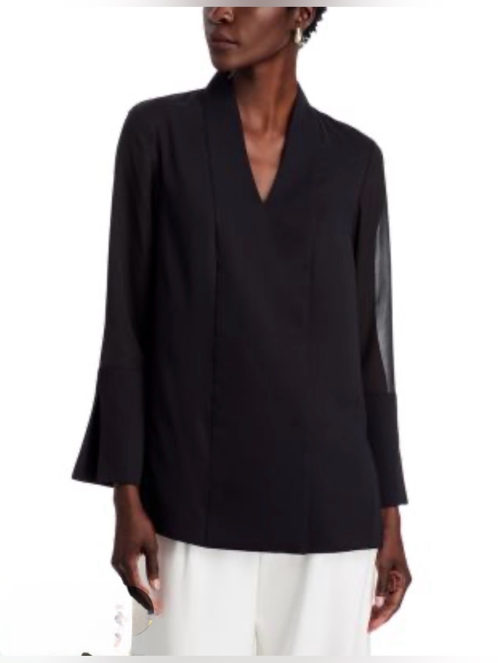 Misook Women's Navy Sheer Sleeve Open Front Shirt
